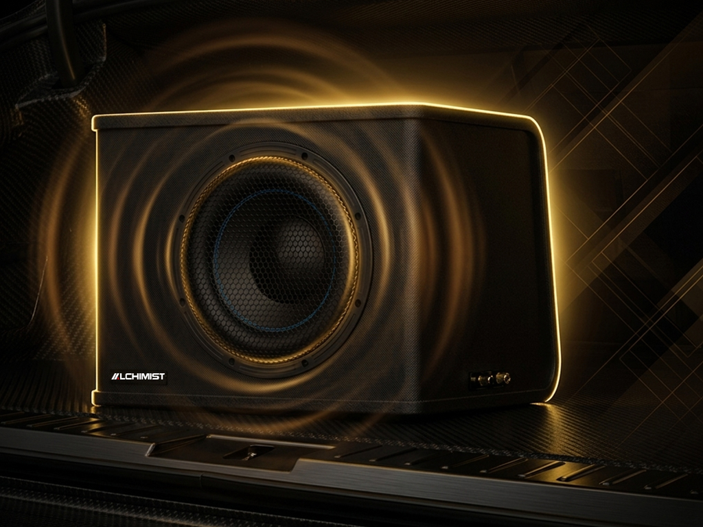 Alchimist AS-801 spare tire subwoofer installed in vehicle trunk spare tire well