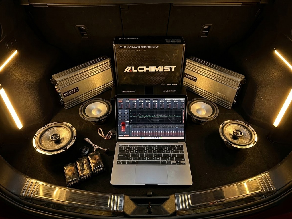 Complete Alchimist car audio system with DSP processor, speakers, subwoofer and amplifiers